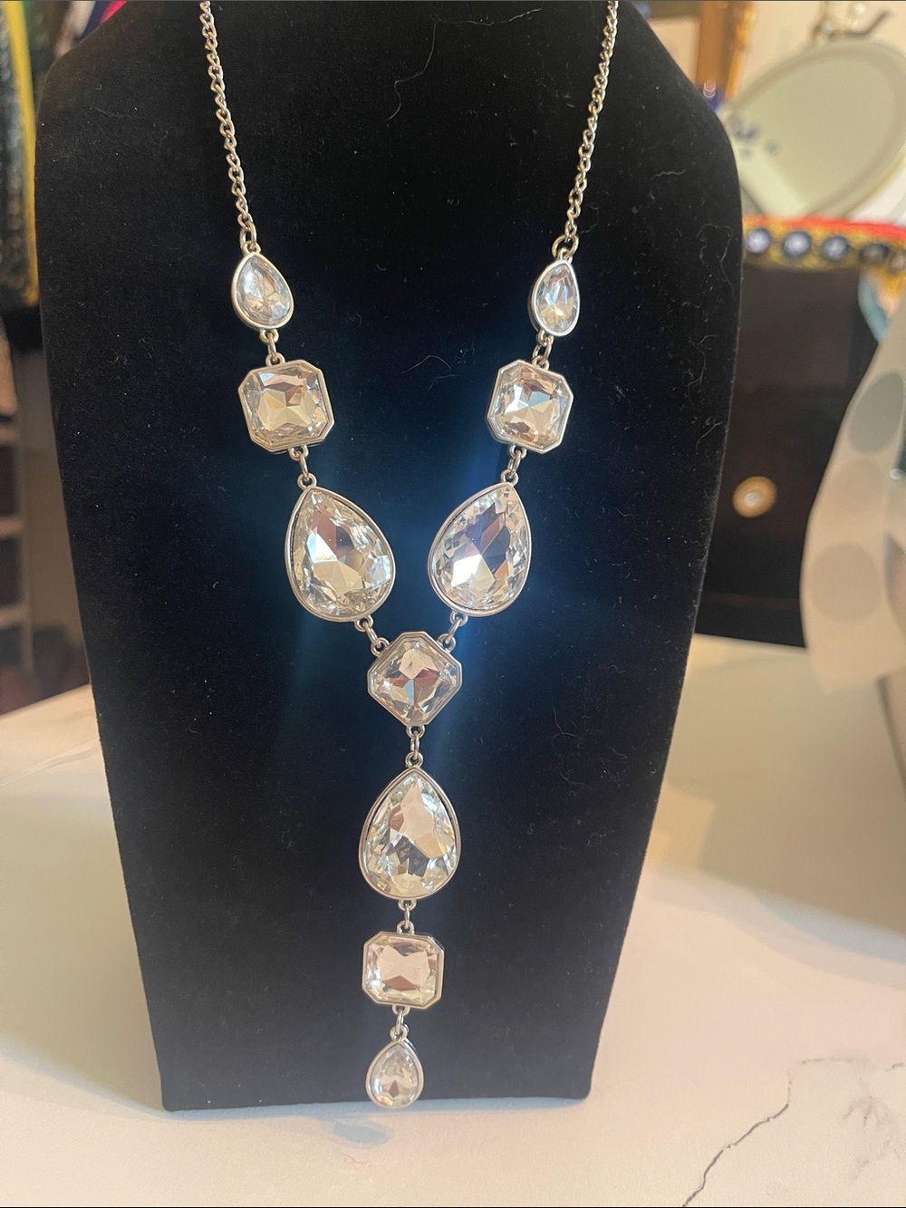 Clear Crystal Teardrop Y-Necklace - Silver Tone